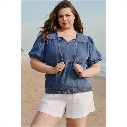 Sail Blue Puff Sleeve Denim: Curves Ahoy! ⚓ Needful Things - Plus Size Tops on Sale Worldwide Shipping
