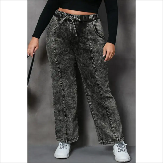 Sashay in Style: my Drawstring Pocketed Straight Jeans Got your Back! 😎👖 - Black / 1xl - on Sale Worldwide Shipping
