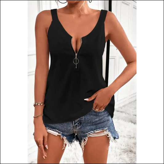 Sassy Half-zip Scoop Neck Tank - Black / m - Tops on Sale Worldwide Shipping