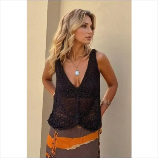 Sassy Openwork V-neck Tank: where Chic Meets Cheeky! 💃😈 Needful Things - Black / s - Tank Tops on Sale Worldwide Shipping