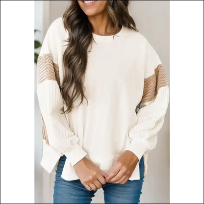 Sassy Slit Color Block Long Sleeve Sweatshirt - Ivory / l - Sweatshirts & Hoodies on Sale Worldwide Shipping