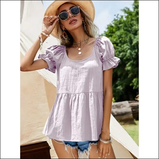 Scoop Neck Flounce Sleeve Blouse - Chic & Cute - Lavender / m - Blouses on Sale Worldwide Shipping