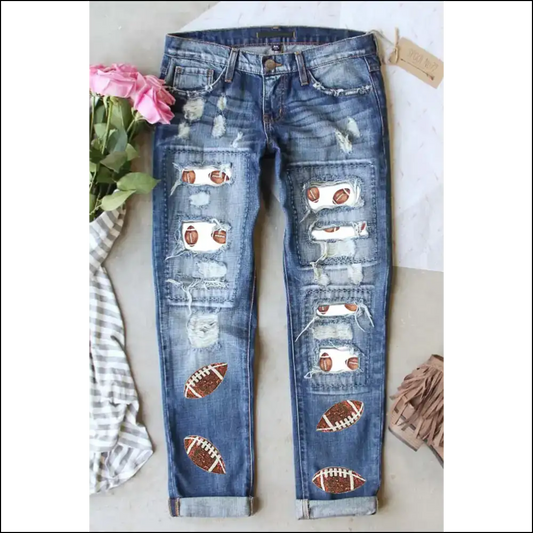 Score Big in Comfort: Distressed Football Straight Jeans for your Style Touchdown! 🏈 - Blue / 4 - on Sale Worldwide Shipping