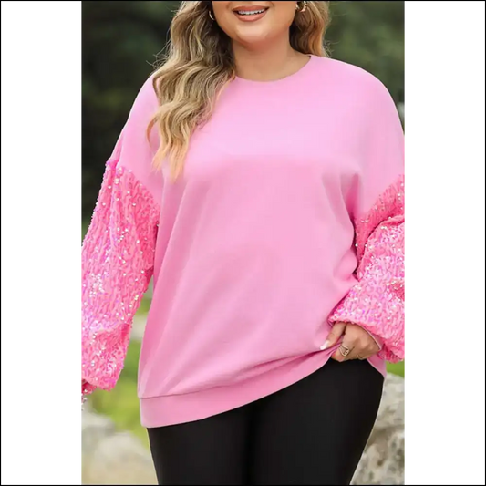 Sequin Sleeve Drop Shoulder: Slay Needful Things! ✨ - Pink / 1x - Plus Size Tops on Sale Worldwide Shipping