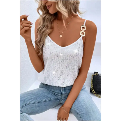 Sequin Spaghetti Strap Shenanigans: Glamorous White - Camisoles Tank Tops on Sale Worldwide Shipping