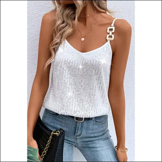 Sequin Spaghetti Strap Shenanigans: Glamorous White - s - Camisoles Tank Tops on Sale Worldwide Shipping