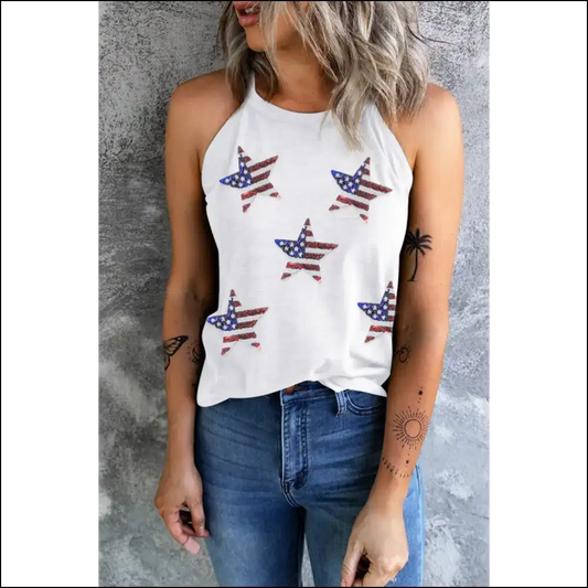 Sequin us Flag Star Grecian Neck Tank - White / m - Tops on Sale Worldwide Shipping