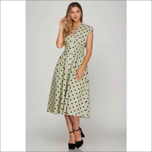 Chic Polka Dot Midi Dress with Front Zip - Sage / s - Dresses on Sale Worldwide Shipping