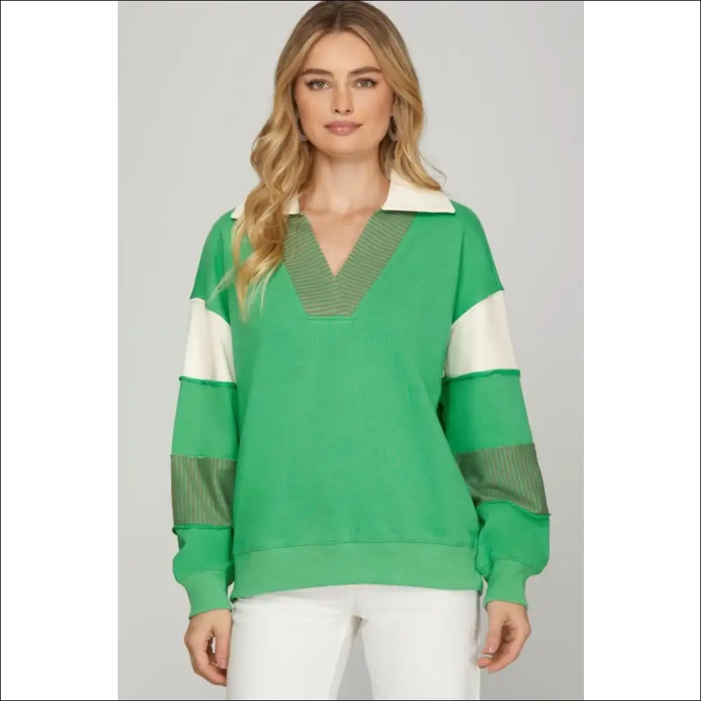 She + Sky Color Block Sleeve Johnny Collar Sweatshirt - Green / s - Sweatshirts & Hoodies on Sale Worldwide Shipping