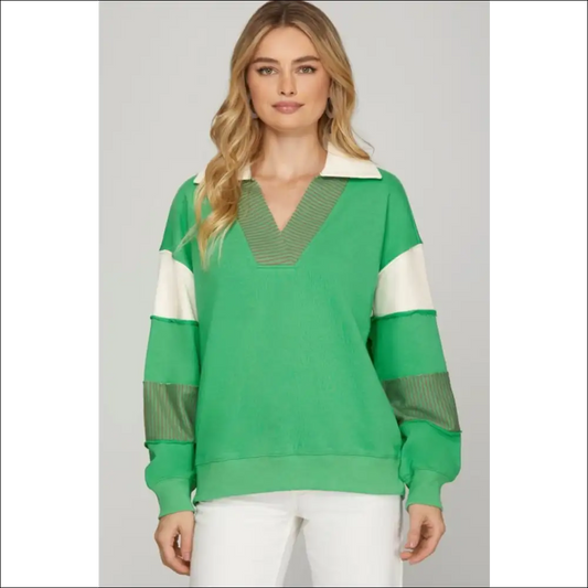 She + Sky Color Block Sleeve Johnny Collar Sweatshirt - Green / s - Sweatshirts & Hoodies on Sale Worldwide Shipping
