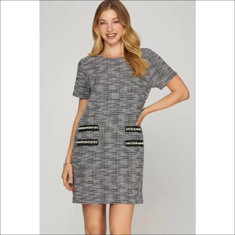 Chic Pearl Studded Plus Size Knit Tweed Dress - Black / s - Dresses on Sale Worldwide Shipping