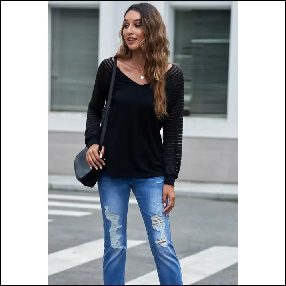 Sheer Striped V-neck Top - Blouses on Sale Worldwide Shipping
