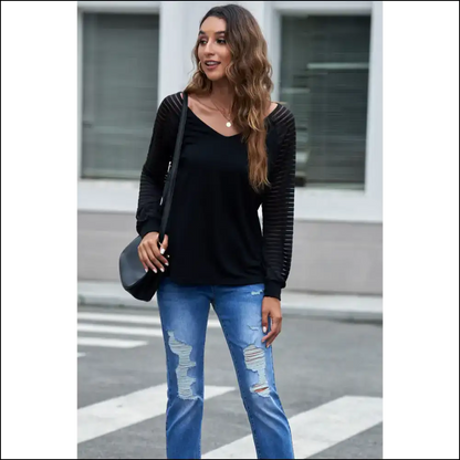Sheer Striped V-neck Top - Blouses on Sale Worldwide Shipping
