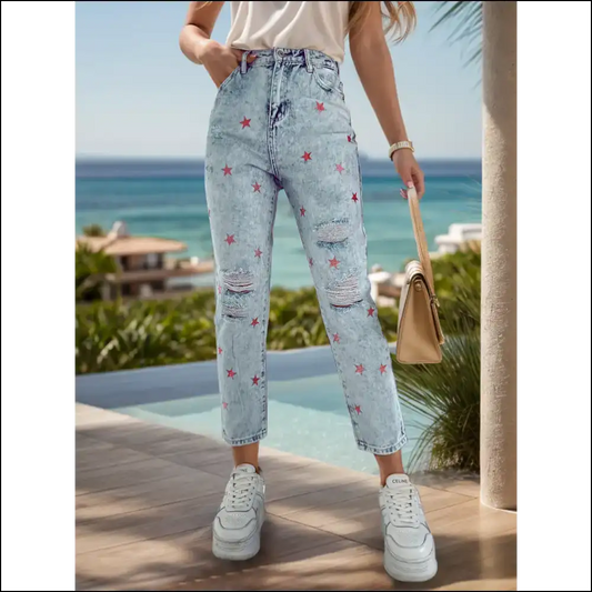 Shine Bright in Distressed Star Jeans: Because Even Stars Need Pockets! 🌟👖 - Light / s - Jeans on Sale Worldwide Shipping