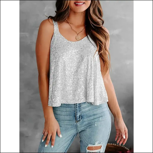 Shine Bright Like a Diamond in our Glam Sequin Scoop Neck Tank! ✨ - Light Gray / s - Tank Tops on Sale Worldwide Shipping