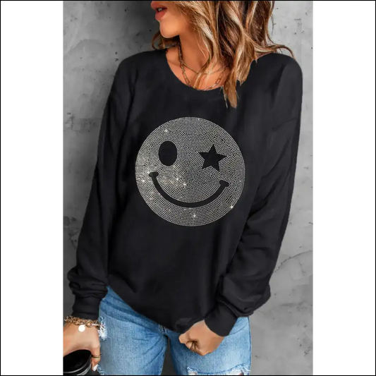 Shine on you Rhinestone Smile Long Sleeve Sweatshirt Superstar! ✨ - Black / m - Sweatshirts & Hoodies Sale Worldwide Shipping
