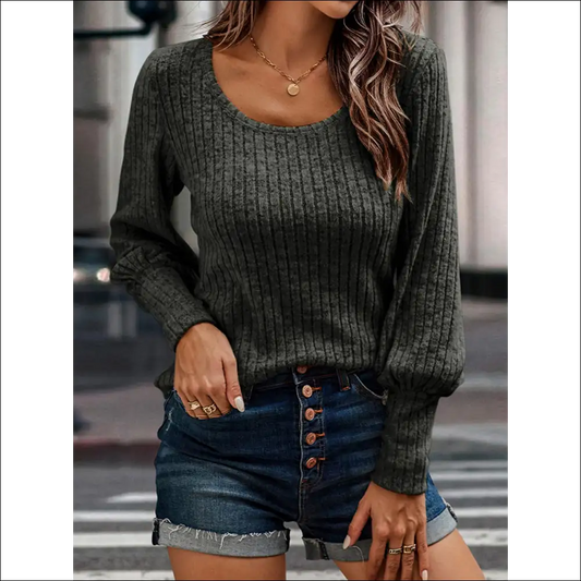 Glamorous Shiny Ribbed Round Neck Blouse - Grey / l - Blouses on Sale Worldwide Shipping
