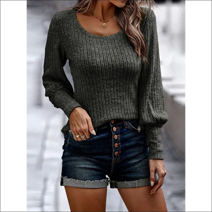Glamorous Shiny Ribbed Round Neck Blouse - Blouses on Sale Worldwide Shipping