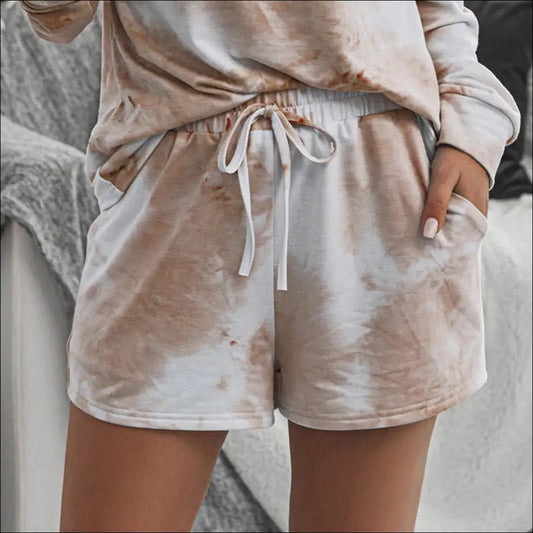 Shiny Tie-dye Drawstring Shorts with Pockets - Khaki / Xl - on Sale Worldwide Shipping