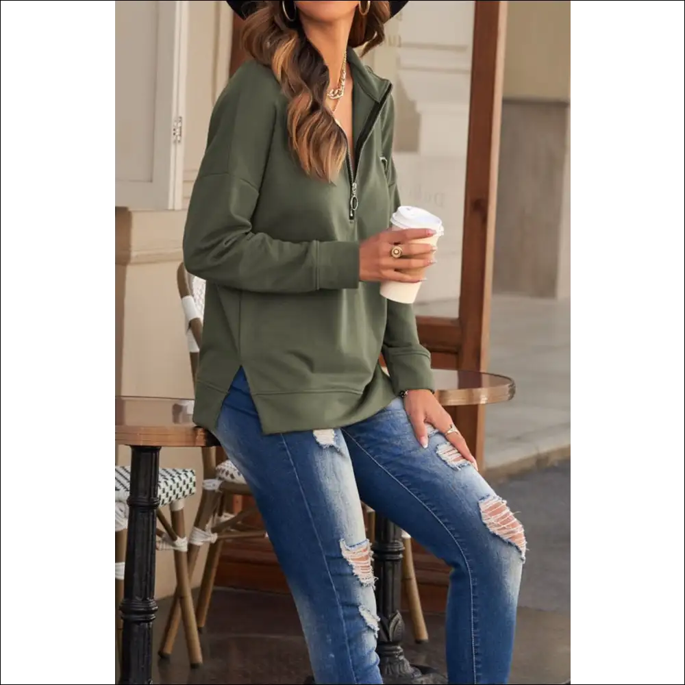 Chic Side Slit Half Zip Long Sleeve Sweatshirt - Sweatshirts & Hoodies on Sale Worldwide Shipping