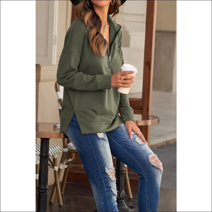 Chic Side Slit Half Zip Long Sleeve Sweatshirt - Sweatshirts & Hoodies on Sale Worldwide Shipping