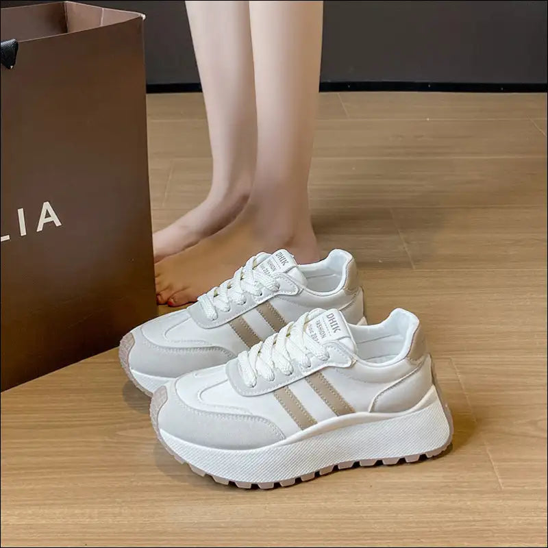Side Striped Lace Up Platform Sneakers - Beige / 35(us4) - Athletic Shoes on Sale Worldwide Shipping