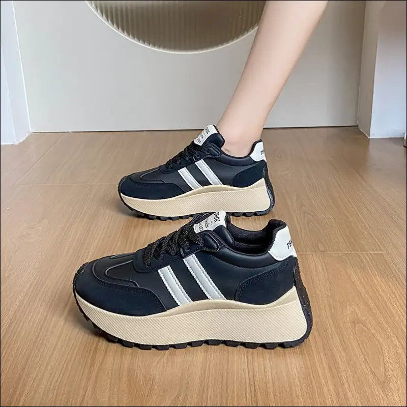 Side Striped Lace Up Platform Sneakers - Black / 35(us4) - Athletic Shoes on Sale Worldwide Shipping