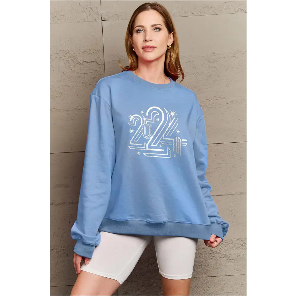 Simply Love 2024 Round Neck Dropped Shoulder Sweatshirt - Light Blue / 3xl - Sweatshirts & Hoodies on Sale Worldwide Shipping