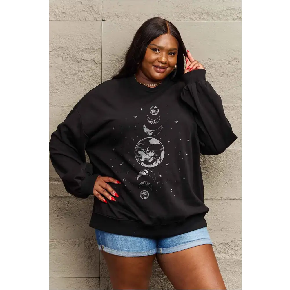 Simply Love Earth & Moon Graphic Sweatshirt - Dark Gray / l - Sweatshirts Hoodies on Sale Worldwide Shipping