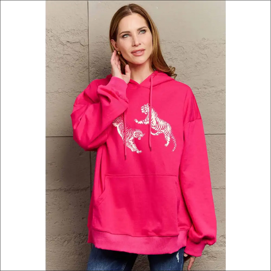Simply Love Full Size Dropped Shoulder Tiger Graphic Hoodie - Hot Pink / 2xl - Hoodies Sweatshirts & on Sale Worldwide Shipping