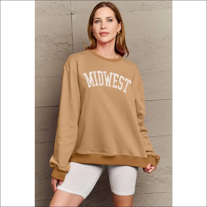Simply Love Full Size Midwest Graphic Sweatshirt - Tan / s - Sweatshirts & Hoodies on Sale Worldwide Shipping