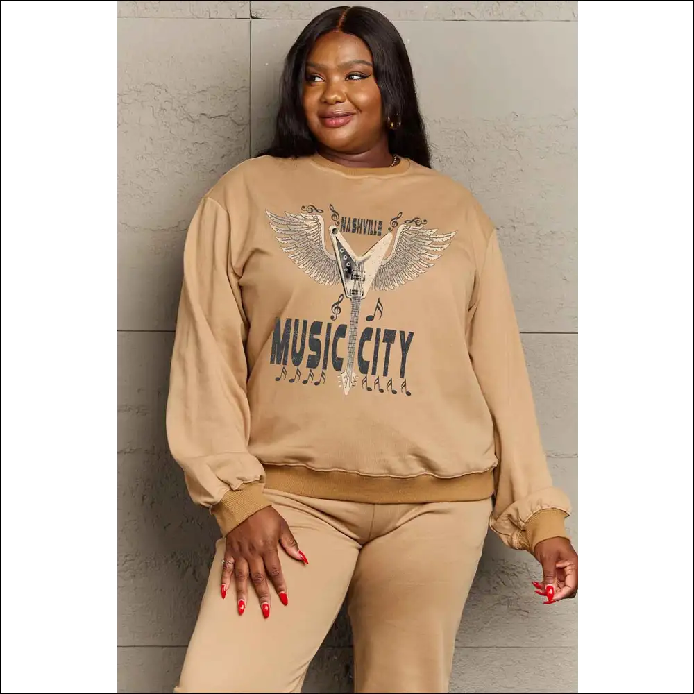 Simply Love Music City Graphic Sweatshirt - Mocha / 2xl - Sweatshirts & Hoodies on Sale Worldwide Shipping