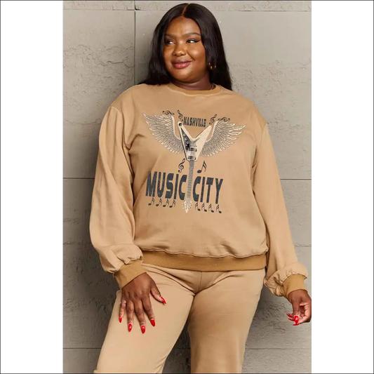 Simply Love Music City Graphic Sweatshirt - Mocha / 2xl - Sweatshirts & Hoodies on Sale Worldwide Shipping
