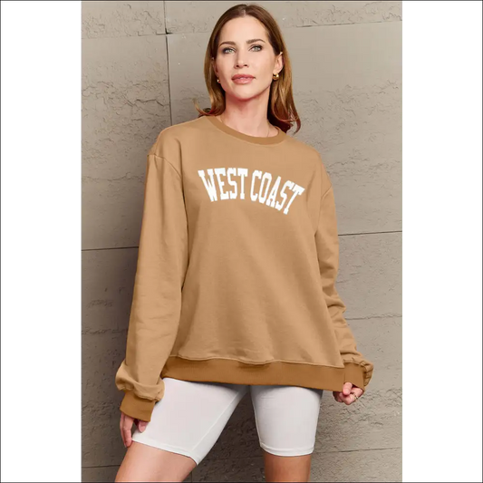 Simply Love Full Size West Coast Graphic Long Sleeve Sweatshirt - Caramel / Xl - Sweatshirts & Hoodies on Sale Worldwide Shipping