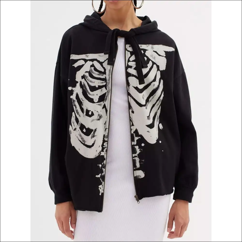 Skeleton Zip Up Drawstring Hoodie - Black / l - Hoodies Sweatshirts & on Sale Worldwide Shipping