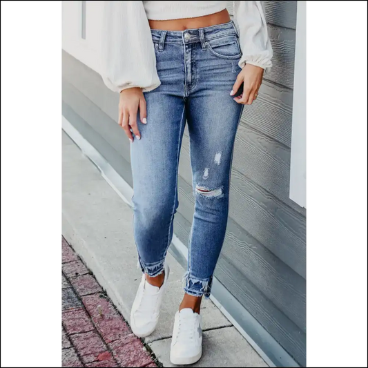 Skinny Jeans so Good They’re Distressed Hem Cropped 😈 Needful Things - Light Blue / 4 - on Sale Worldwide Shipping