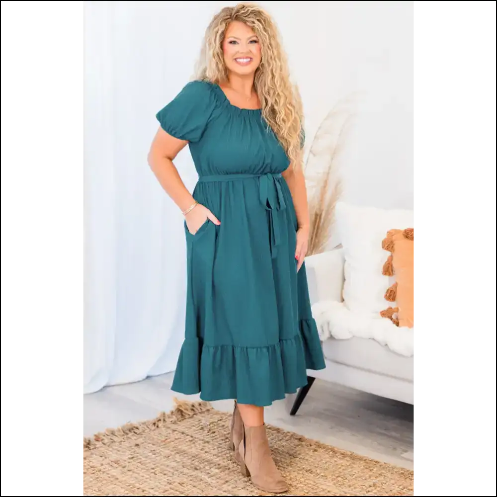 Skobeloff Frilled u Neck Midi Dress: Goddess Vibes! Plus Size Dresses on Sale Worldwide Shipping