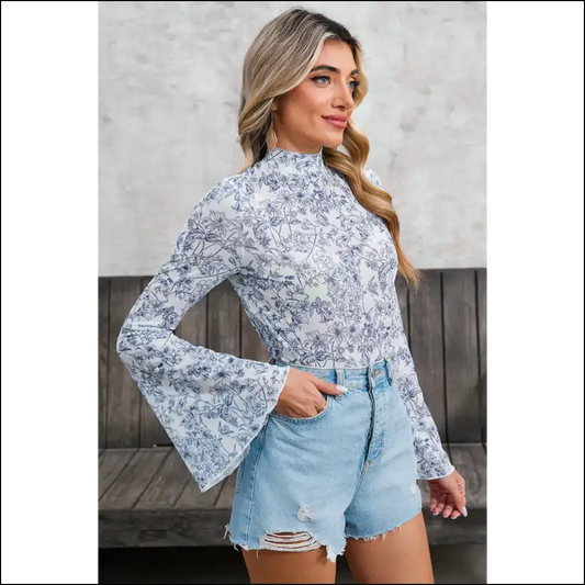 Sky Blue Boho Floral Bell Sleeve Blouse for Flower Children - s - Blouses on Sale Worldwide Shipping