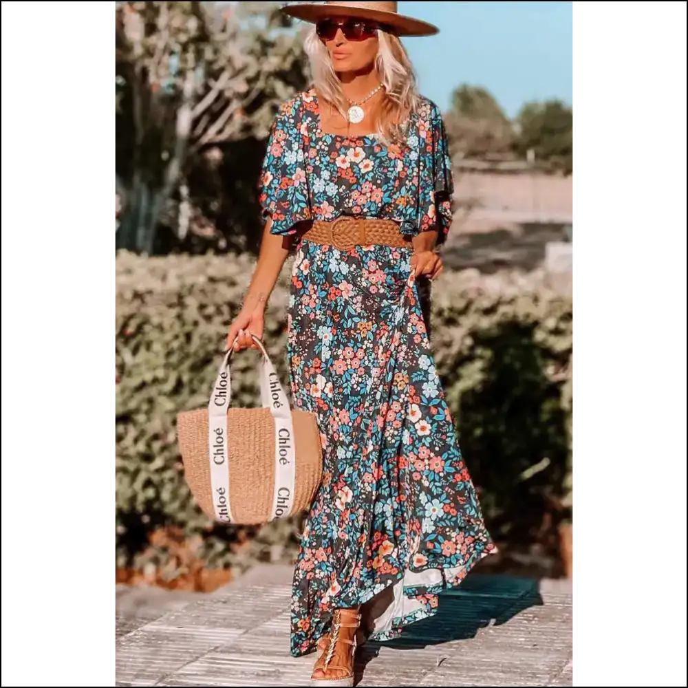 Sky Blue Boho Floral Print Maxi Dress: Goddess 💙 Needful Things - Dresses on Sale Worldwide Shipping