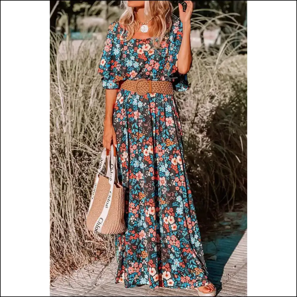 Sky Blue Boho Floral Print Maxi Dress: Goddess 💙 Needful Things - s - Dresses on Sale Worldwide Shipping