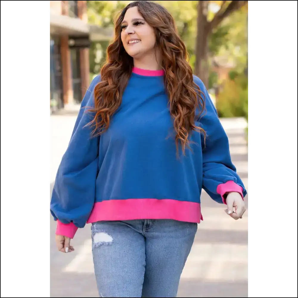 Sky Blue Color Block Balloon Sleeve: Hide your Snacks Honey! Needful Things. 😜 - Plus Size Tops on Sale Worldwide Shipping
