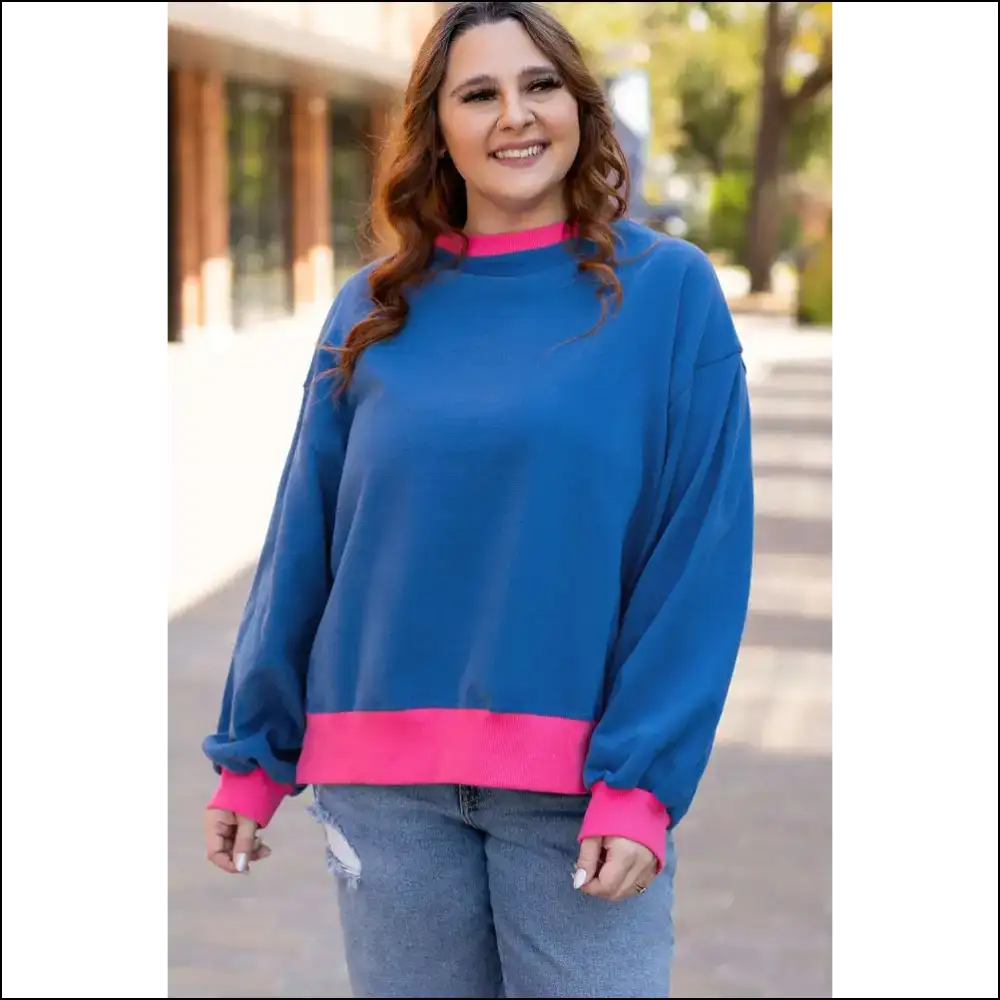Sky Blue Color Block Balloon Sleeve: Hide your Snacks Honey! Needful Things. 😜 - Plus Size Tops on Sale Worldwide Shipping
