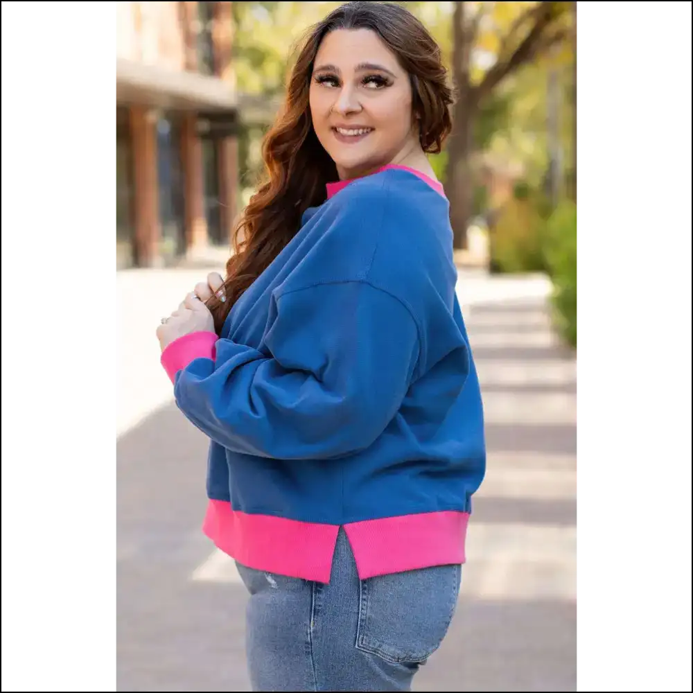 Sky Blue Color Block Balloon Sleeve: Hide your Snacks Honey! Needful Things. 😜 - Plus Size Tops on Sale Worldwide Shipping