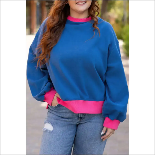 Sky Blue Color Block Balloon Sleeve: Hide your Snacks Honey! Needful Things. 😜 - 1x - Plus Size Tops on Sale Worldwide Shipping