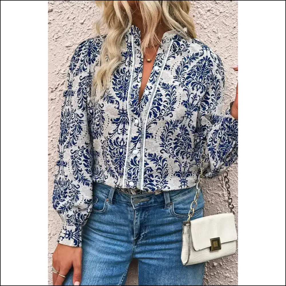Sky Blue Ethnic Print Notch Neck: Curvalicious! 💙 Needful Things - 1x - Plus Size Tops on Sale Worldwide Shipping