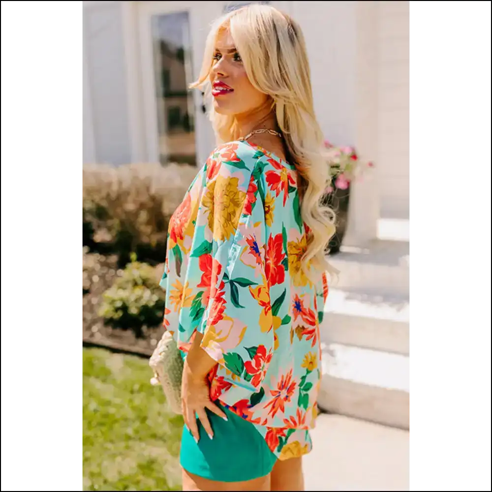 Sky Blue Floral Print: Finally a Blouse that Doesn’t Judge your Snacks! 💙 Needful Things - Plus Size Tops on Sale Worldwide Shipping