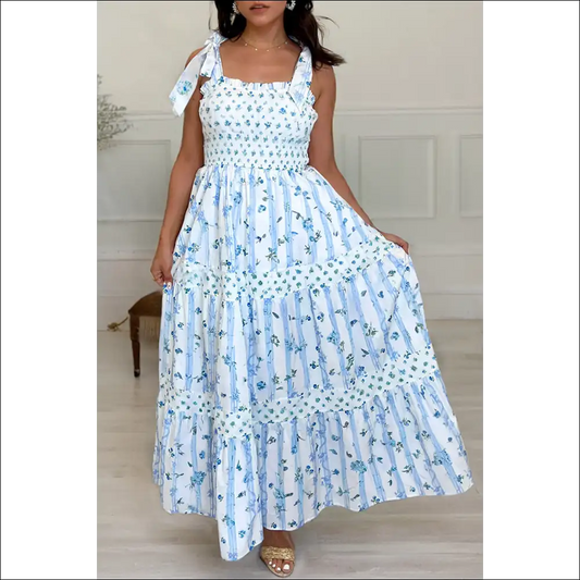 Sky Blue Floral Smocked A-line Maxi Dress - s - Dresses on Sale Worldwide Shipping