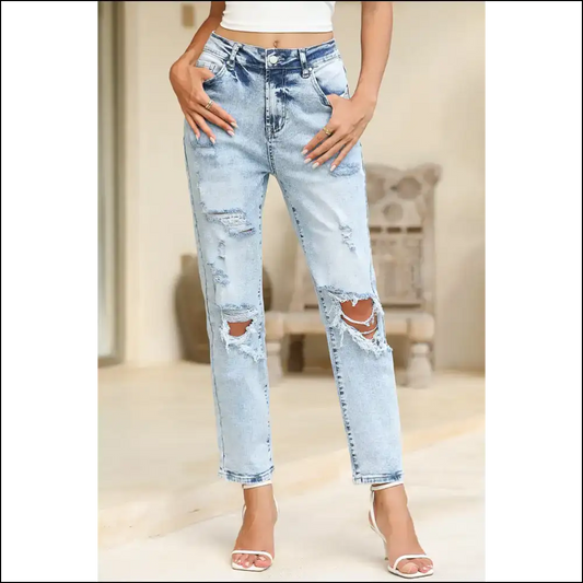 Sky Blue Frayed Jeans: Ditch the Dad Bod Embrace High! 👖 Needful Things - 6 - Jeans on Sale Worldwide Shipping