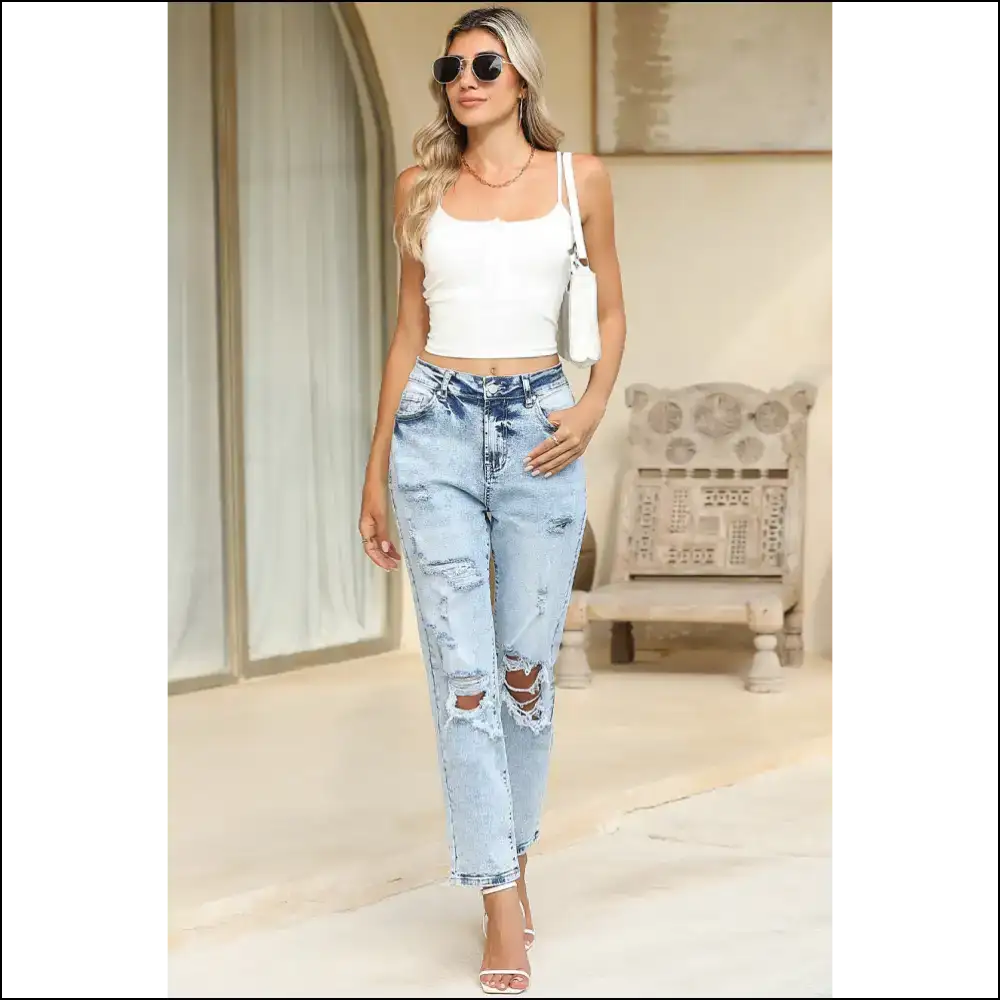 Sky Blue Frayed Jeans: Ditch the Dad Bod Embrace High! 👖 Needful Things - Jeans on Sale Worldwide Shipping