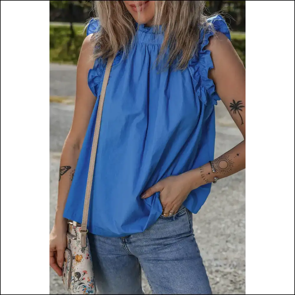 Sky Blue Frilled Neck Ruffle: Needful Things’ Arm Day Anthem’ 💙 - s - Sleeveless Shirts Tank Tops on Sale Worldwide Shipping
